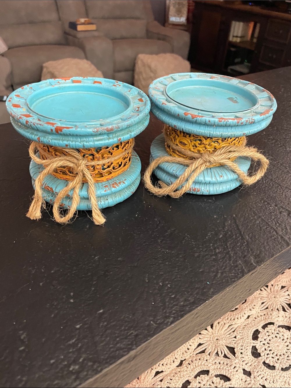 Hobby Lobby Turquoise and Gold Wooden Candle Holders with Jute Tie - Pair
